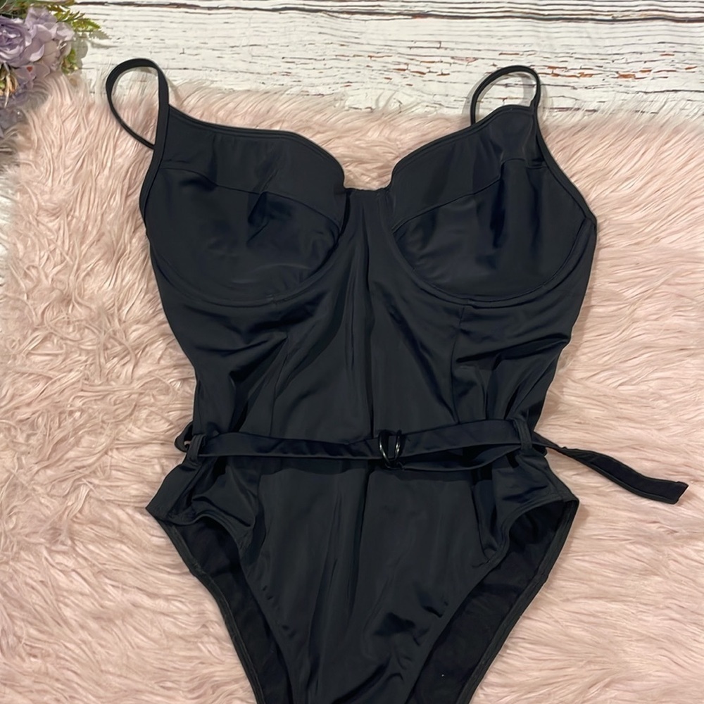 NWOT Perfect DD Black Shine Bustier Belted One Piece Swimsuit - Picture 7 of 9